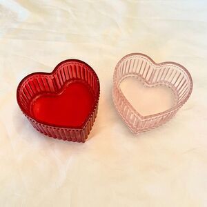 Set of 2 Coquette Pink Red Glass Heart Shaped Trinket Dishes / Bowls